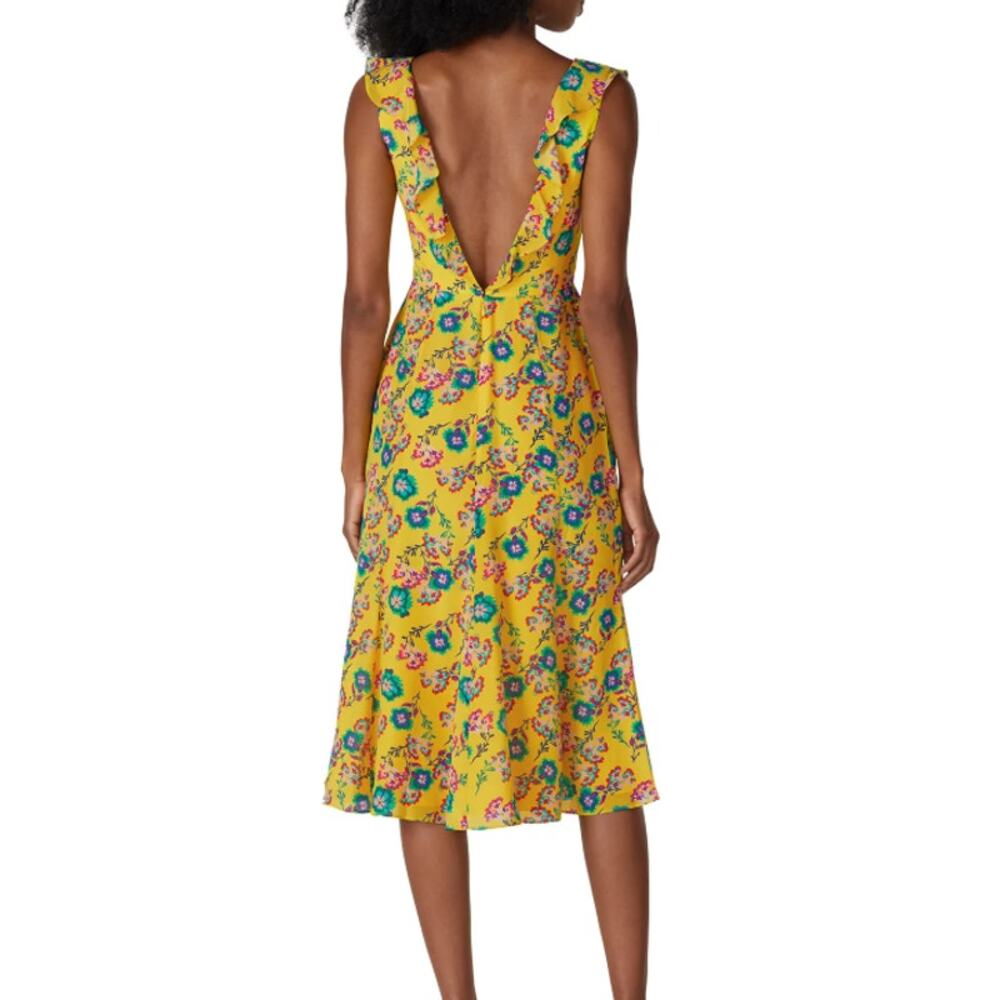 Saloni Holly Midi Dress Silk Crepe De Chine yellow floral flounce ruffle size 8 - Picture 3 of 7